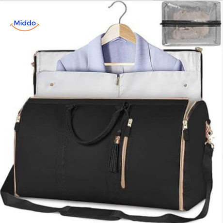 Classic black water-resistant garment duffel for any trip.