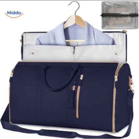 Water-resistant carry-on duffel in rich blue variant.