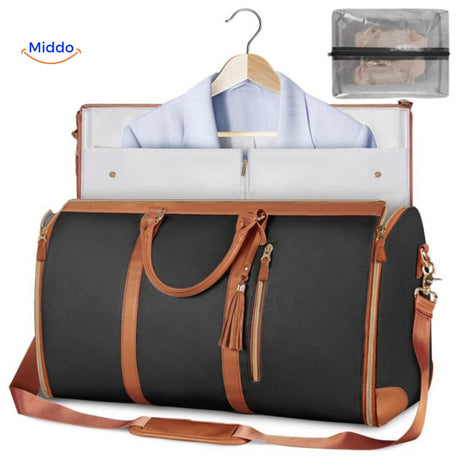 Luxe travel bag available in sophisticated brown and black.