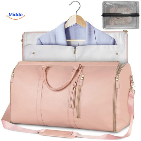 Luxe travel bag in elegant pink color for stylish travelers.