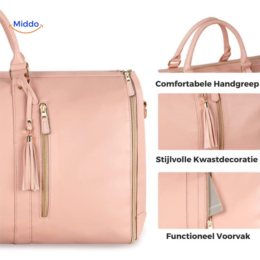 Key features of water-resistant wrinkle-free garment travel bag.