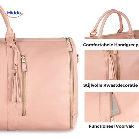 Key features of water-resistant wrinkle-free garment travel bag.