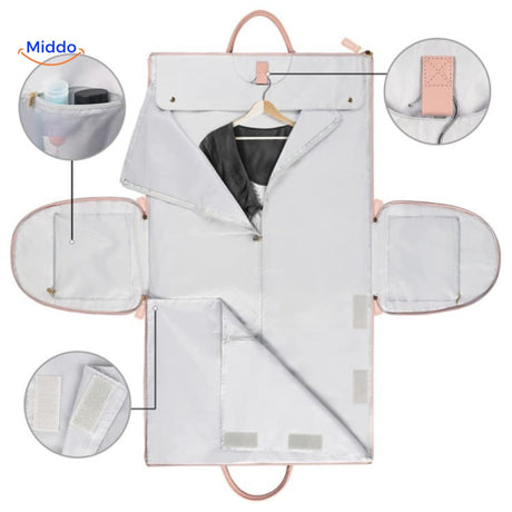 Interior compartments and pockets for organized travel packing.