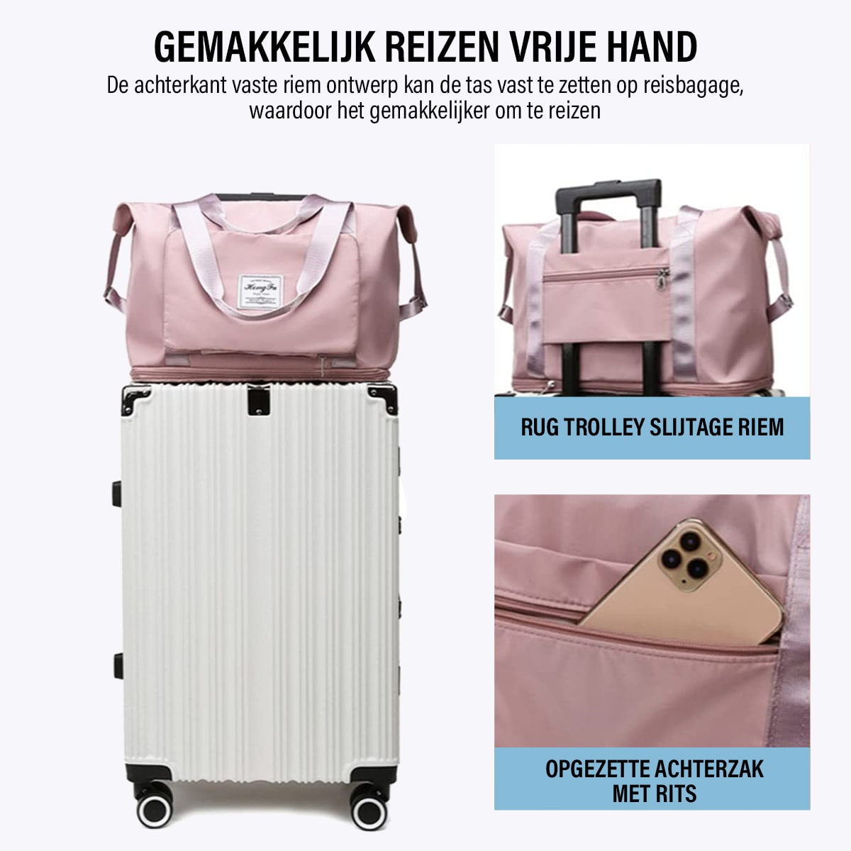 Expandable travel bag positioned on top of luggage for convenient hands-free carrying.