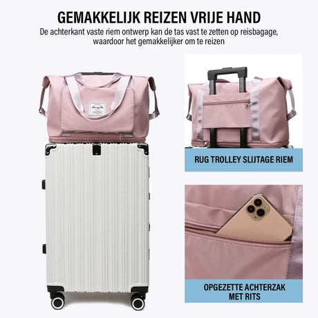 Expandable travel bag positioned on top of luggage for convenient hands-free carrying.