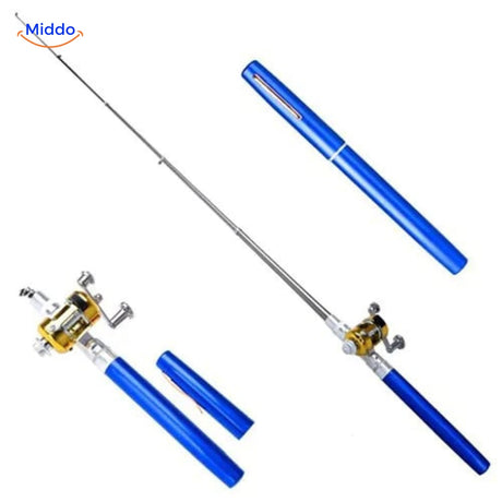 Blue portable telescopic fishing rod full set laid out, showing reel and all included accessories.
