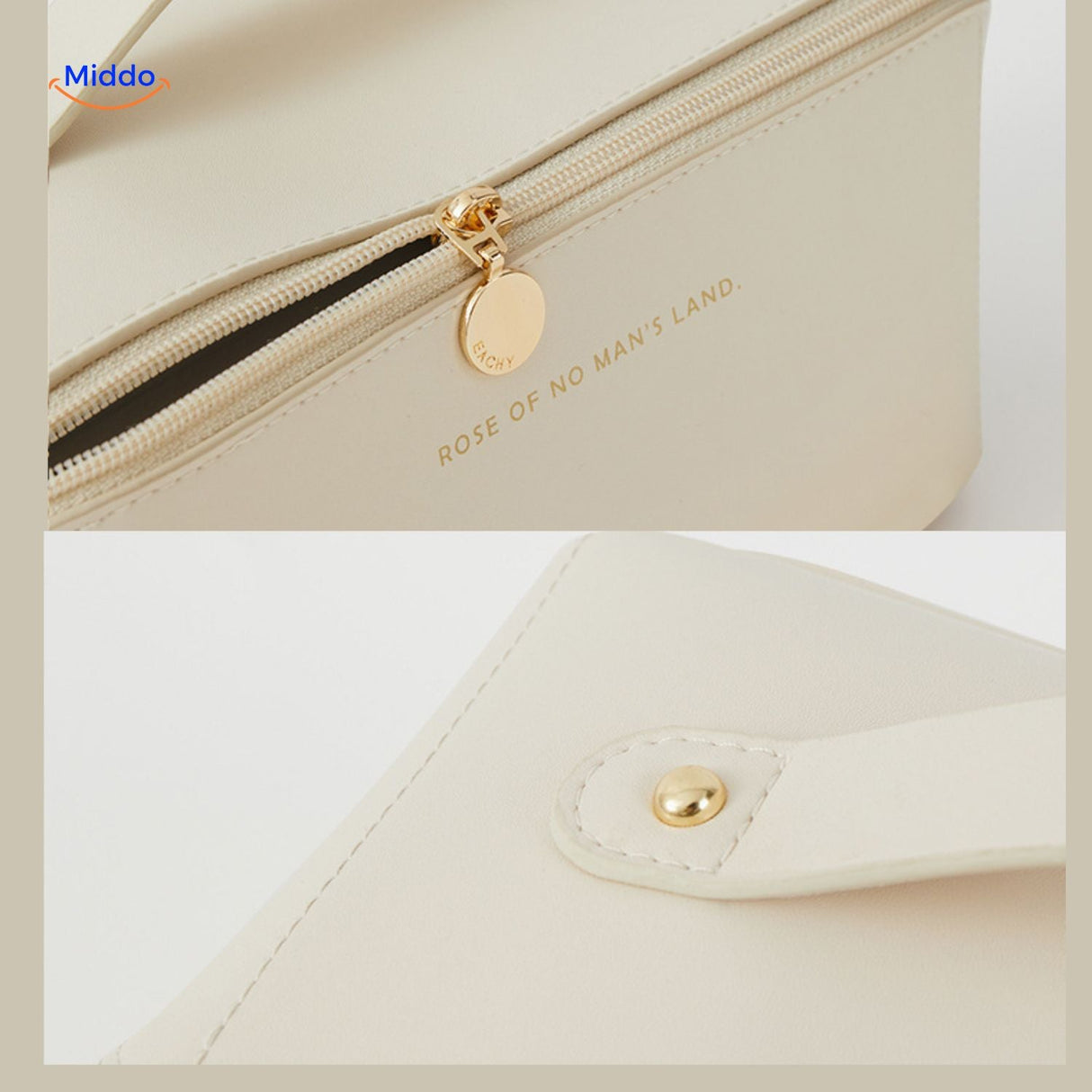 Travel pouch featuring detailed zipper and button design