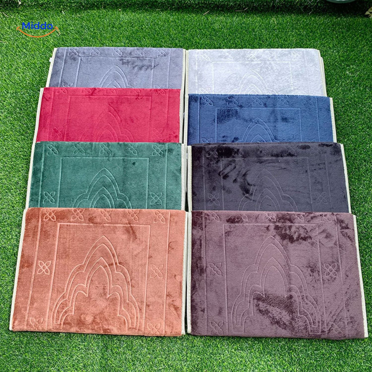 Compact padded travel prayer mat shown in full color collection, folded and unfolded views.
