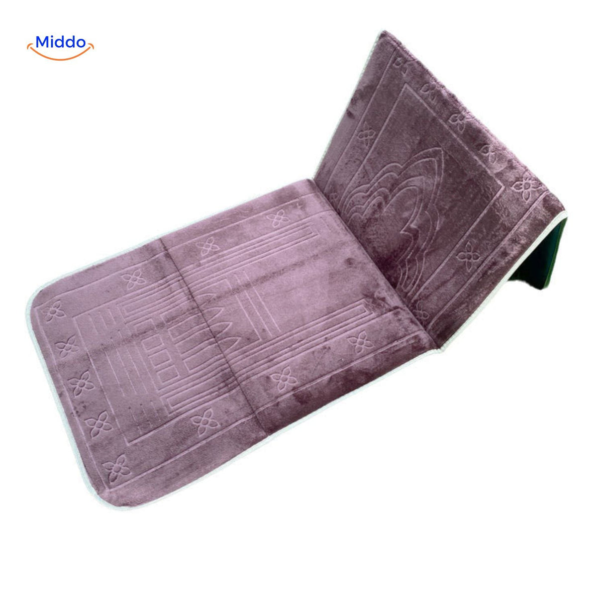 Compact padded travel prayer mat in purple, shown folded for easy carrying.