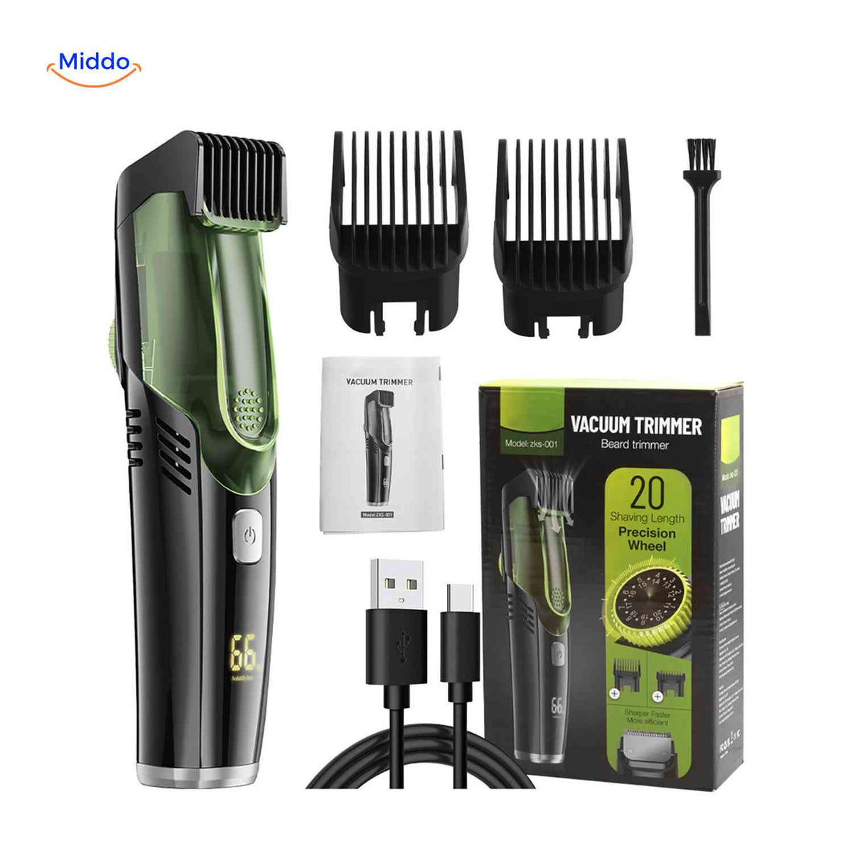 Trimora green hair clipper with display and accessories