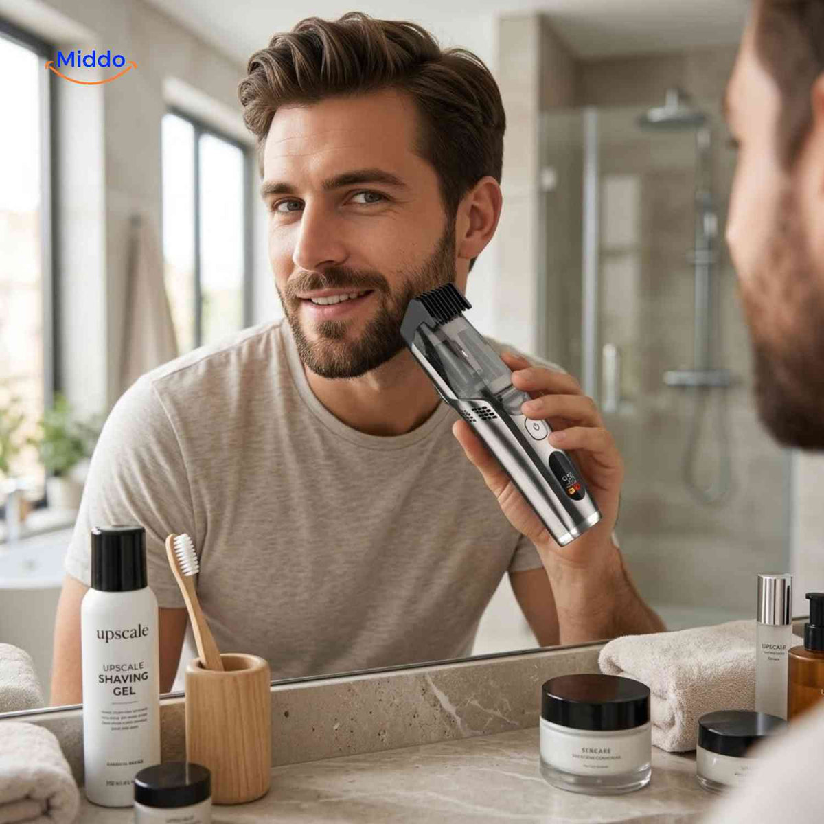 Trimora dark silver hair clipper with display in use