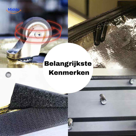 Shopping trolley features including wheels, zipper closure and velcro support