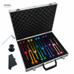 Colorful healing tuning fork set with protective carrying cases and tools.