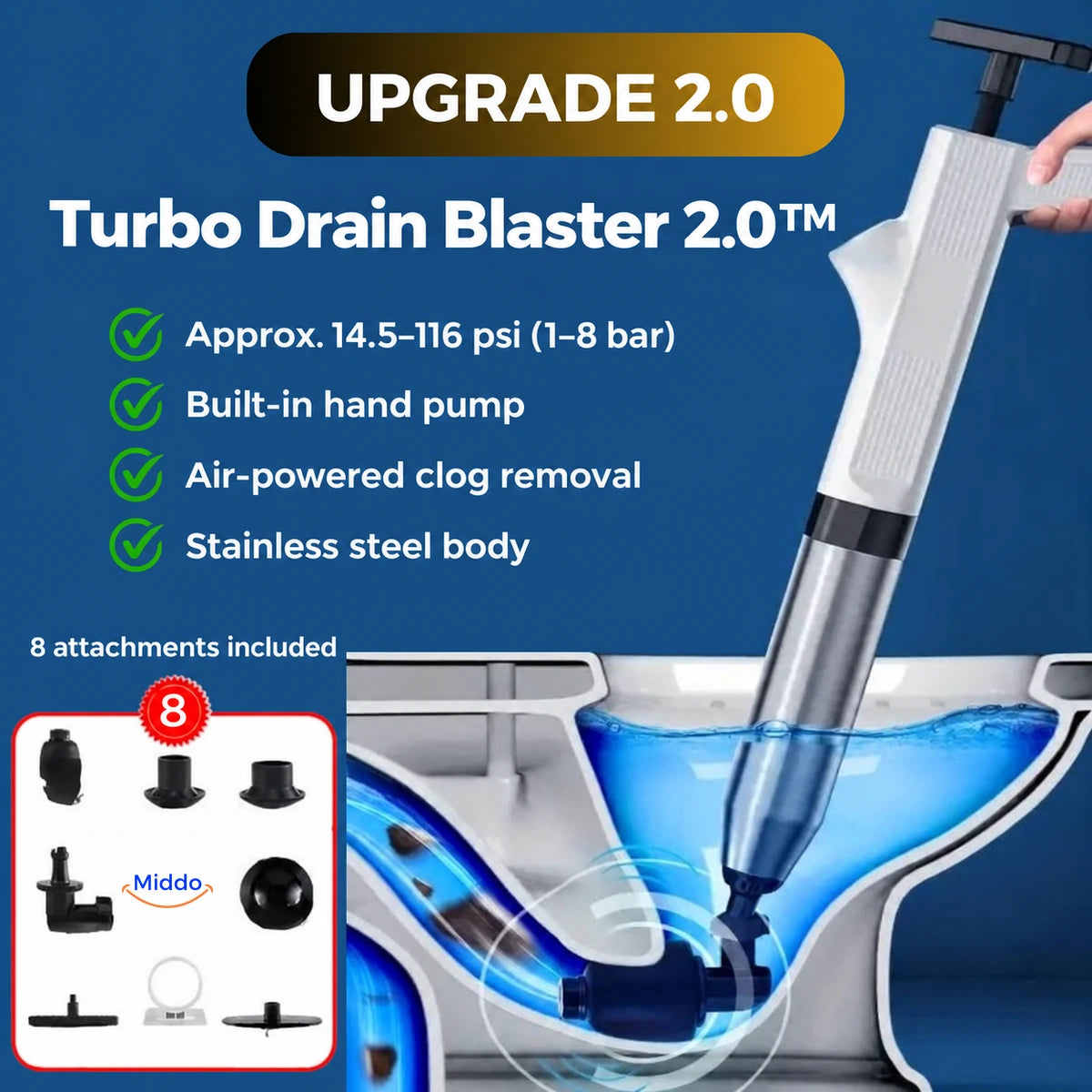 Turbo Drain Blaster 2.0 with built-in pump, stainless steel body, and eight included attachments.