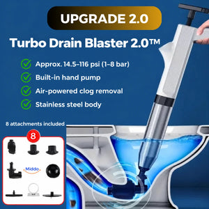 Turbo Drain Blaster 2.0 with built-in pump, stainless steel body, and eight included attachments.