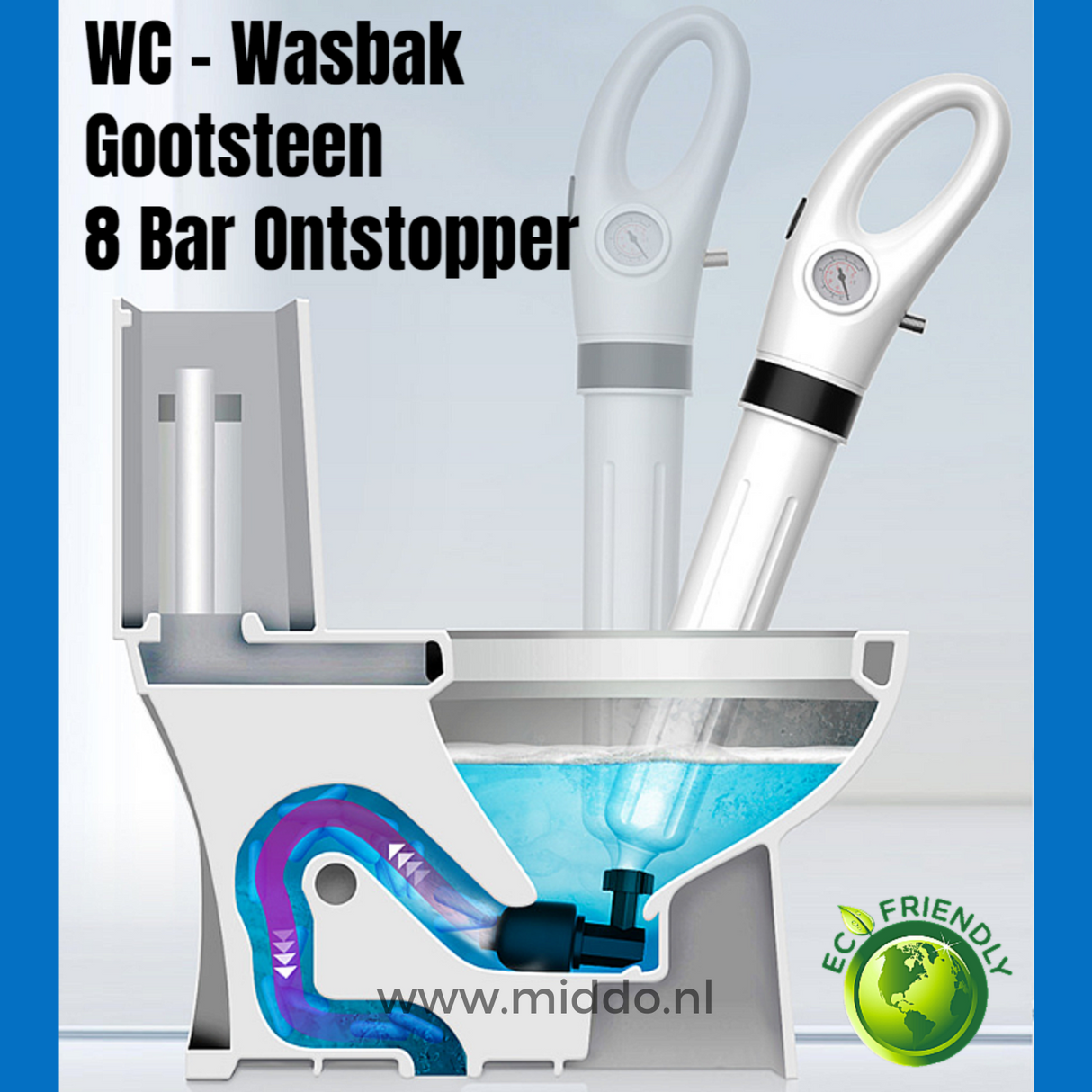 Turbo air pressure drain blaster with 8-bar pressure pump for clearing clogs in sinks and toilets