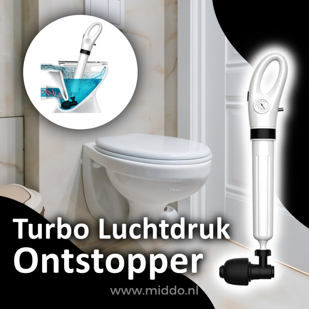 Turbo drain blaster effectively unclogging a toilet drain with high-pressure air burst