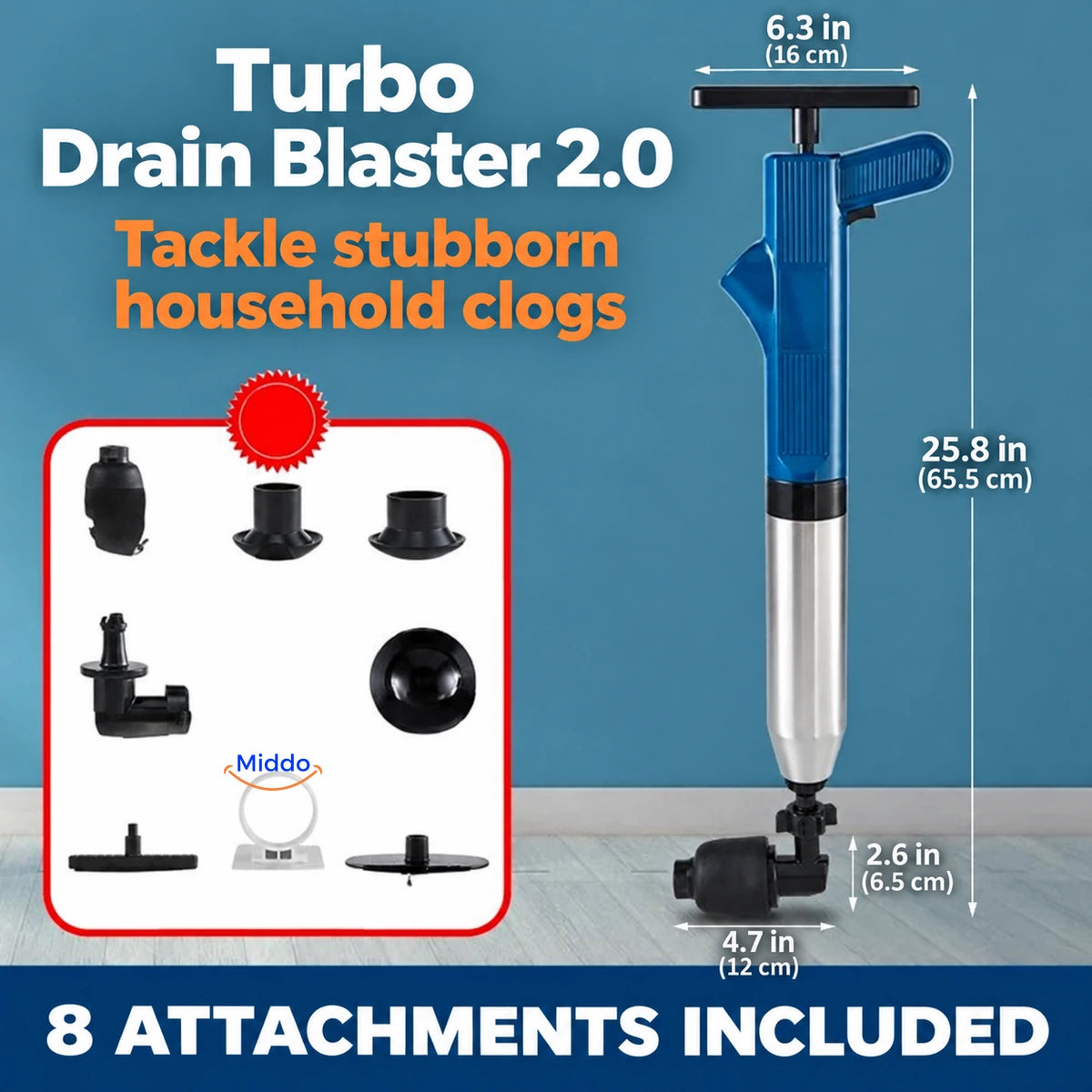 Blue Turbo Drain Blaster 2.0 with eight attachments and dimensions in inches.