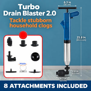 Blue Turbo Drain Blaster 2.0 with eight attachments and dimensions in inches.