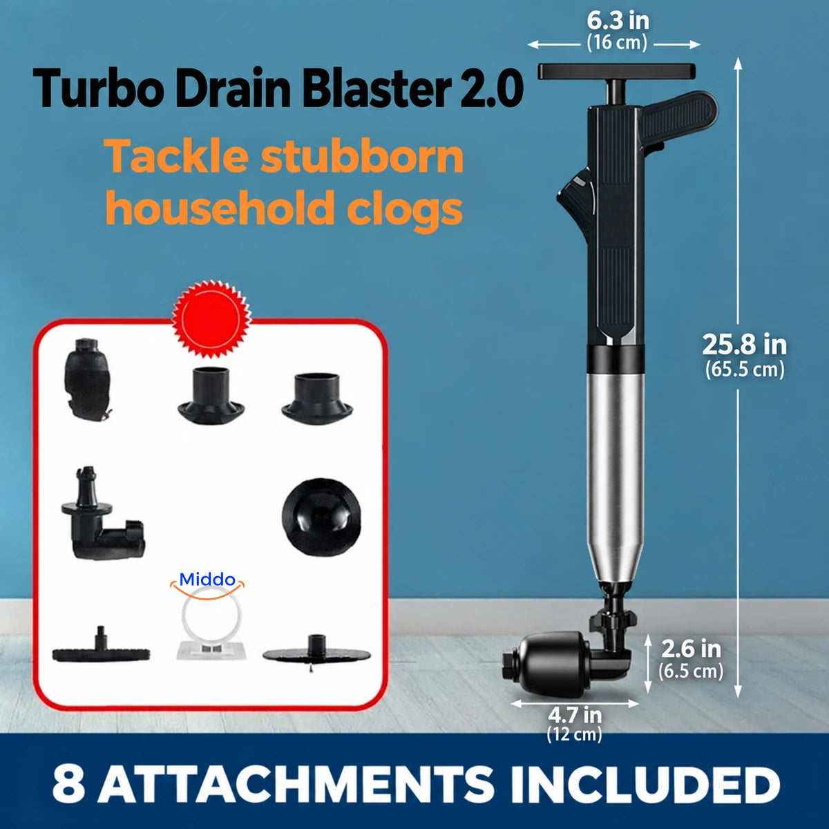 Black Turbo Drain Blaster 2.0 with eight attachments and dimensions in inches.