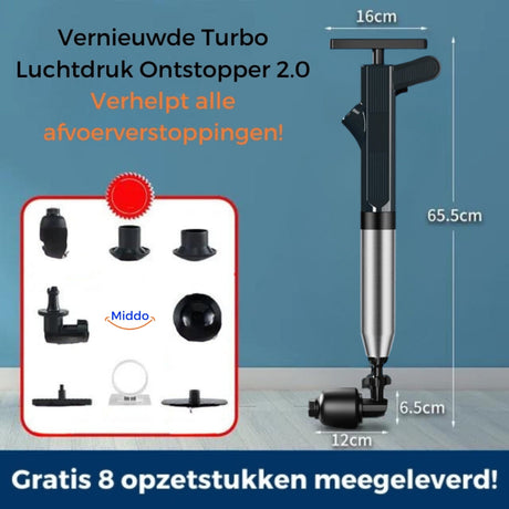 Complete accessory set included with the Turbo Air Pressure Drain Blaster.