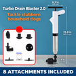 White Turbo Drain Blaster 2.0 with eight attachments and dimensions in inches.