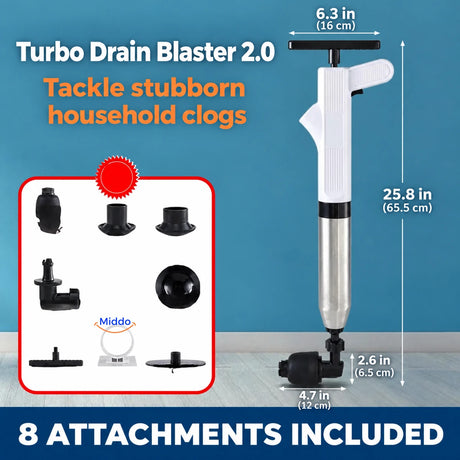 White Turbo Drain Blaster 2.0 with eight attachments and dimensions in inches.