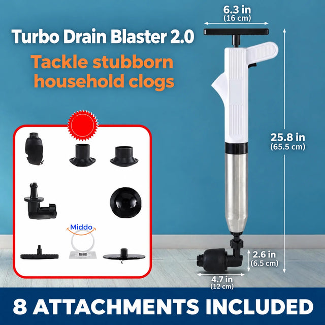 White Turbo Drain Blaster 2.0 with eight attachments and dimensions in inches.