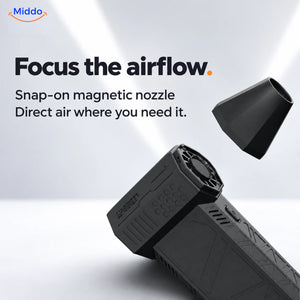 Black TurboJet Pro air blaster with its removable magnetic nozzle shown beside the air outlet
