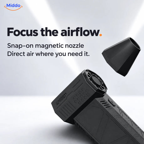 Black TurboJet Pro air blaster with its removable magnetic nozzle shown beside the air outlet