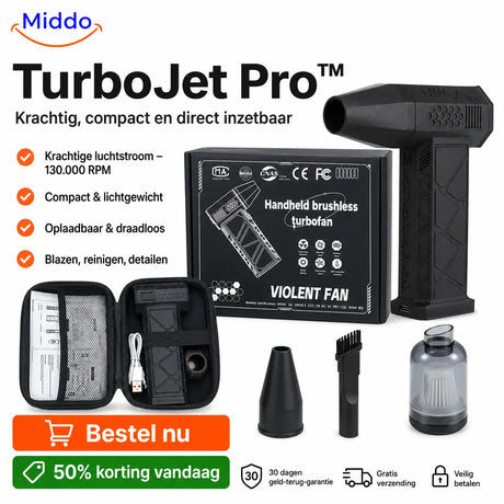 Black TurboJet Pro cordless air blaster complete set with all essential accessories.
