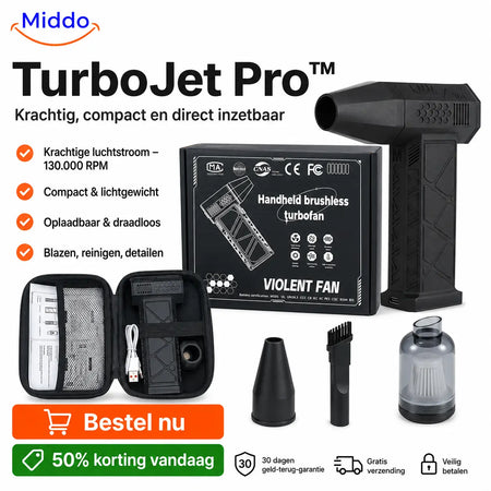 Black TurboJet Pro cordless air blaster complete set with all essential accessories.