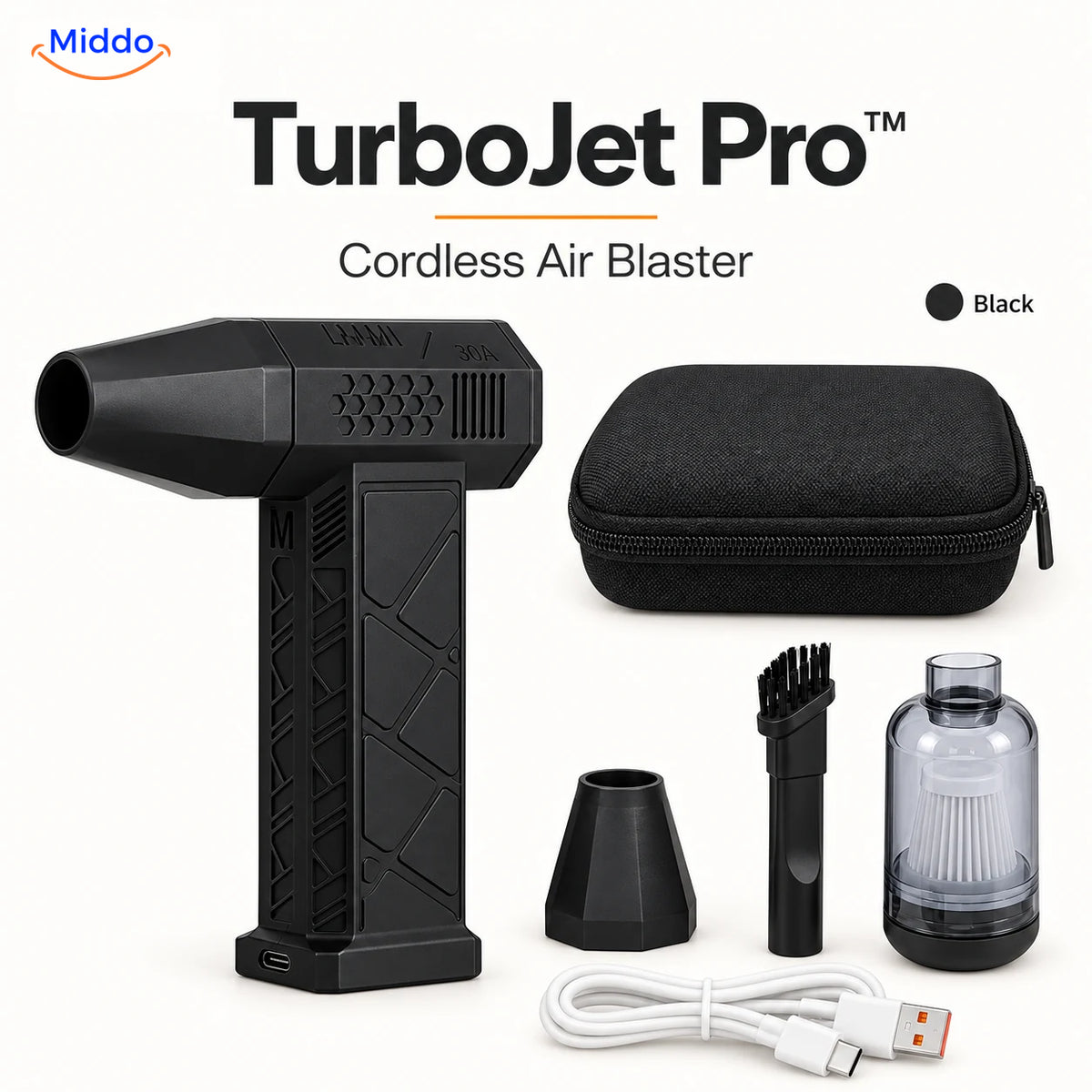 Black TurboJet Pro cordless air blaster with charging cable, storage case, and nozzle attachments
