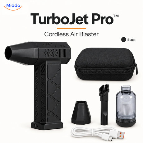 Black TurboJet Pro cordless air blaster with charging cable, storage case, and nozzle attachments