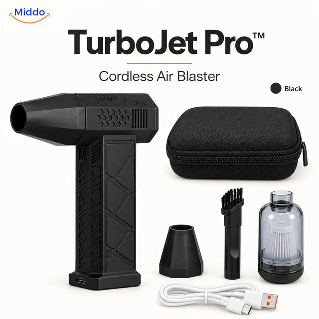 Black TurboJet Pro cordless air blaster with charging cable, storage case, and nozzle attachments