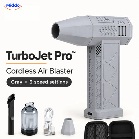 Gray TurboJet Pro cordless air blaster with three speed settings, charging cable, case, and nozzle attachments