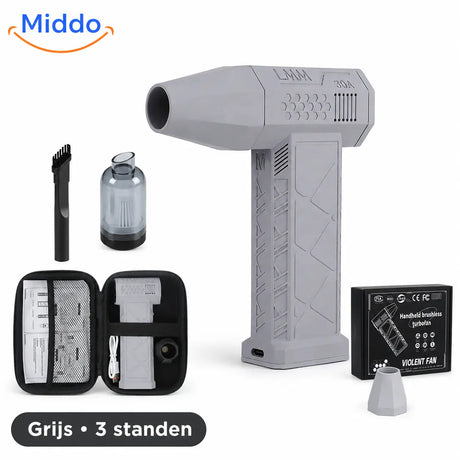 Gray TurboJet Pro cordless air blaster with three power settings and full accessory kit.