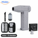 Gray TurboJet Pro cordless air blaster with three power settings and full accessory kit.
