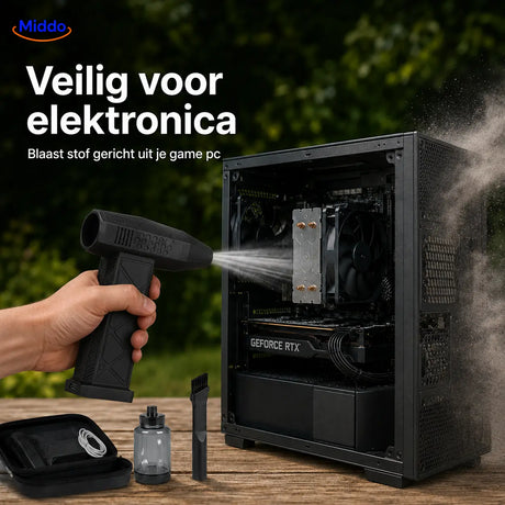 Cordless air blaster safely removes dust from gaming PCs and delicate electronics.