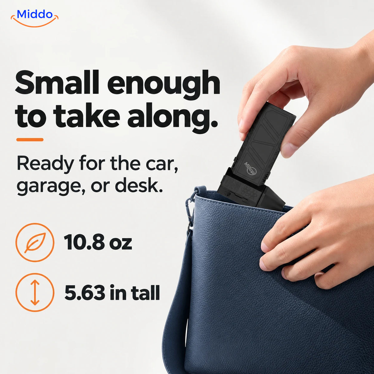Compact TurboJet Pro air duster shown in a hand and bag, weighing 10.8 ounces and standing 5.63 inches tall