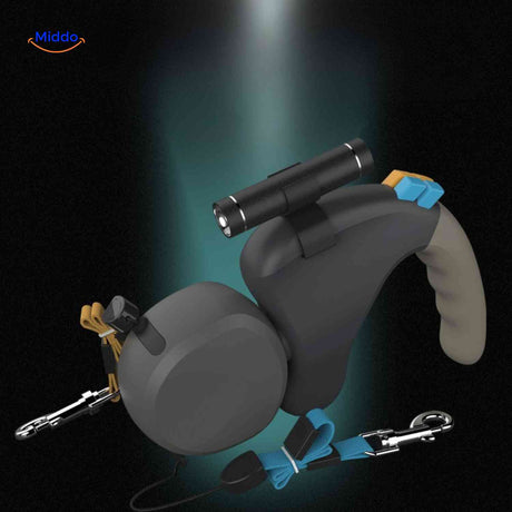 Twin dog leash with built-in flashlight for controlled dual-dog walking.
