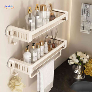 Two-tier cream suction shelf styled with bathroom care products.