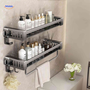 Two-tier bathroom suction shelf holding towel and displaying hook.