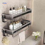 Two-tier bathroom suction shelf holding towel and displaying hook.