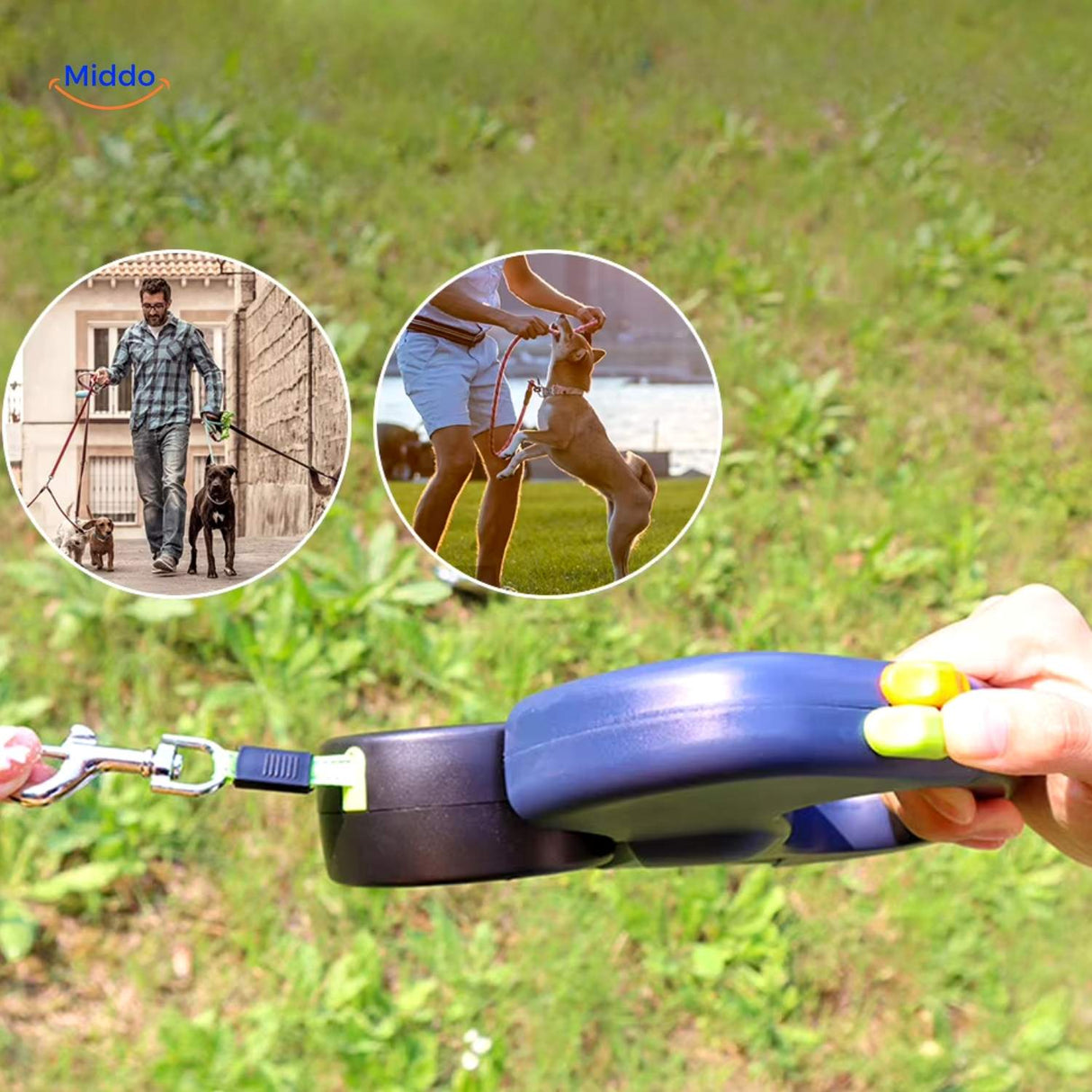 Two-way retractable leash designed for comfortable dog walking.