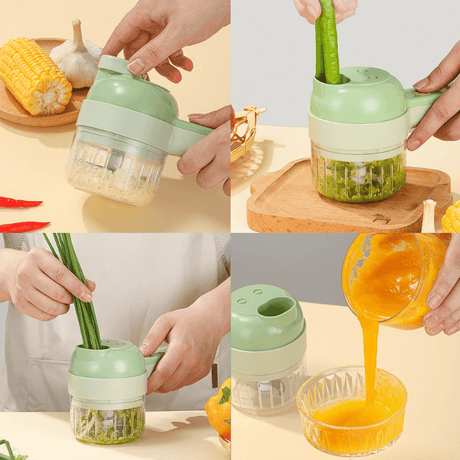 Tyfoon multipurpose kitchen tool showing all four functions for various food prep tasks.