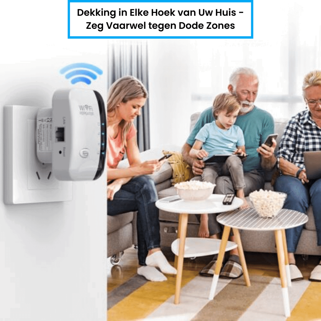 UltraWifi Pro range extender placed in living room for seamless home WiFi connectivity.