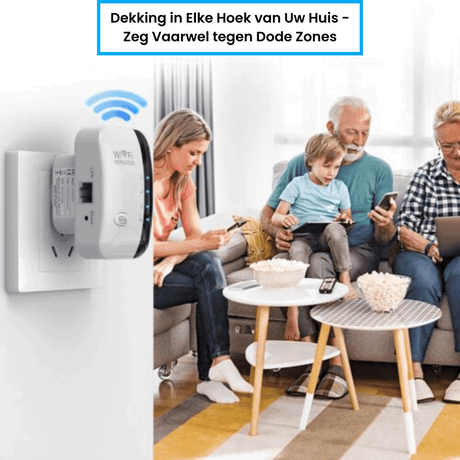 UltraWifi Pro range extender placed in living room for seamless home WiFi connectivity.