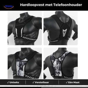 Unisex adjustable reflective running vest with secure phone holder and breathable fit.