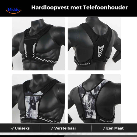 Unisex adjustable reflective running vest with secure phone holder and breathable fit.